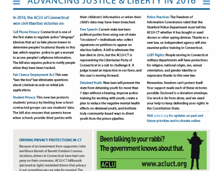 ACLU of Connecticut Spring Summer 2016 Civil Liberties Update Newsletter, privacy and racial justice