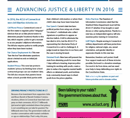 ACLU of Connecticut Spring Summer 2016 Civil Liberties Update Newsletter, privacy and racial justice