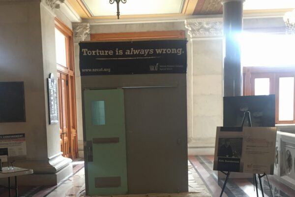 Image of replica solitary confinement cell for "inside the box" exhibit at Connecticut state capitol building