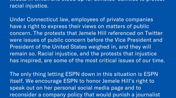 ACLU of Connecticut condemns ESPN suspension of Jemele Hill for her tweets about NFL protests, citing Connecticut free speech law