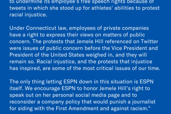 ACLU of Connecticut condemns ESPN suspension of Jemele Hill for her tweets about NFL protests, citing Connecticut free speech law