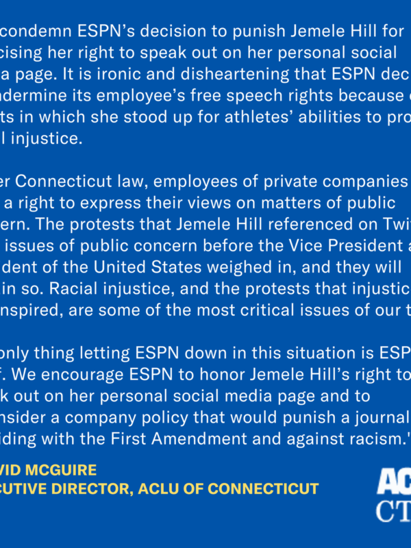 ACLU of Connecticut condemns ESPN suspension of Jemele Hill for her tweets about NFL protests, citing Connecticut free speech law