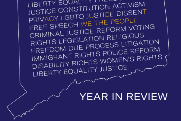 ACLU-CT 2017 year in review / annual report. Purple map of Connecticut with we the people