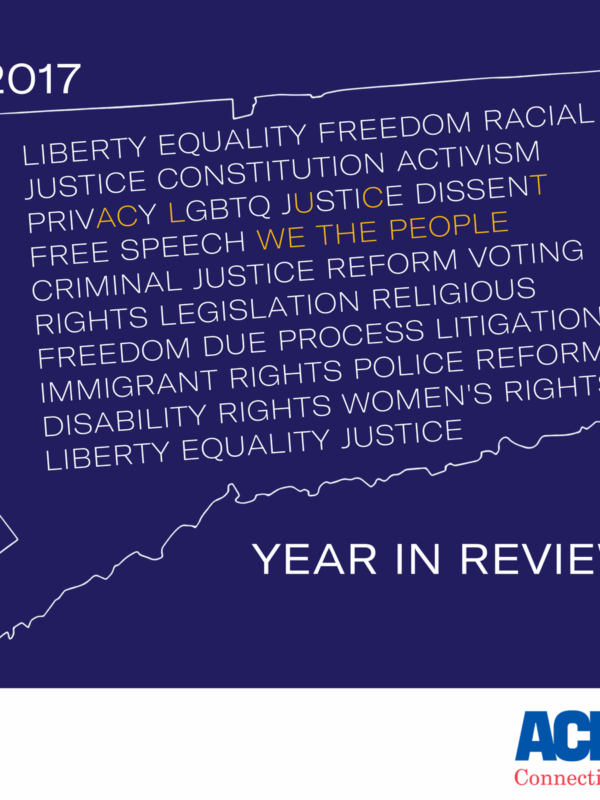 ACLU-CT 2017 year in review / annual report. Purple map of Connecticut with we the people