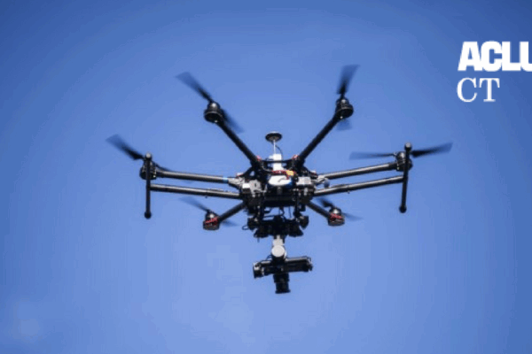 Drone flying, ACLU of Connecticut logo