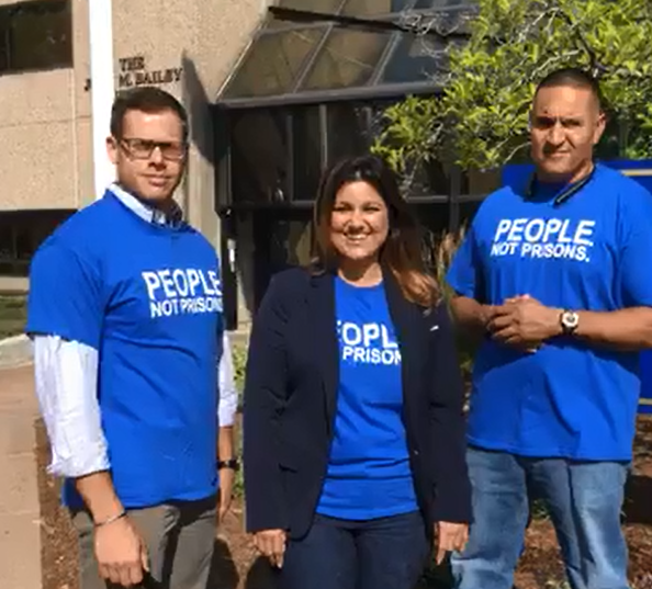ACLU Smart Justice Connecticut leaders Gus, Sandy, and Manny outside of CT chief state's attorney's office for criminal justice commission prosecutor meeting
