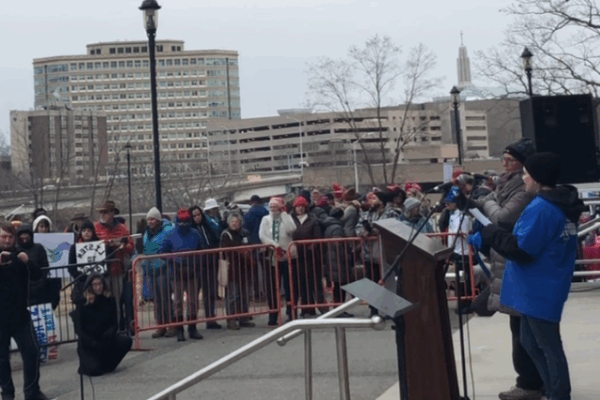 Tracie Bernardi, ACLU Smart Justice Connecticut / CT leader, speaks at the 2019 Women's March in Hartford