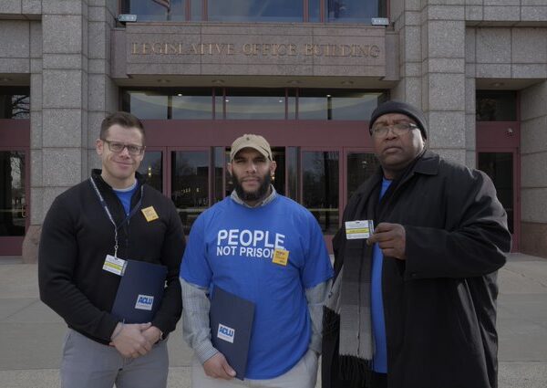 ACLU Connecticut Smart Justice leaders Gus, Anderson, Ramon at the CT state capitol building / legislative office building