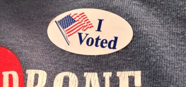 Sticker saying "I voted" with American flag