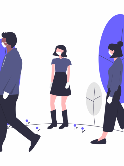 undraw illustration of three people in blue shirts walking 6 feet apart in white masks and white gloves, with blue trees in background
