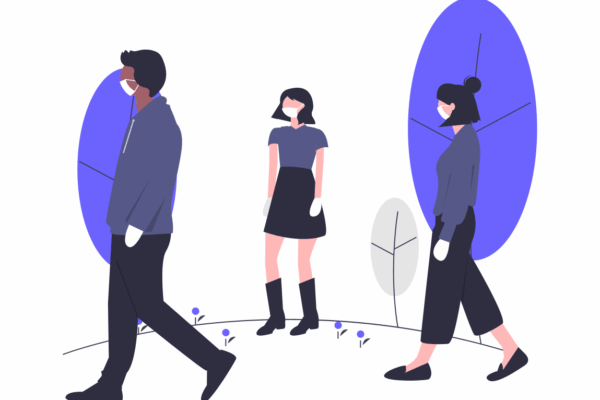 undraw illustration of three people in blue shirts walking 6 feet apart in white masks and white gloves, with blue trees in background