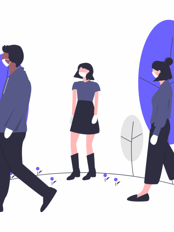 undraw illustration of three people in blue shirts walking 6 feet apart in white masks and white gloves, with blue trees in background