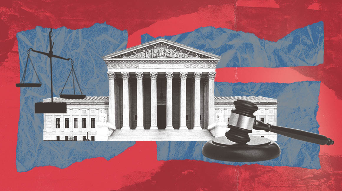 A red rectangle with blue collage-like patches. In the foreground are black and white images of a scale of justice, the US Supreme Court building, and a judge's gavel