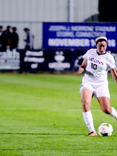 UCONN Soccer player and author Noriana Radwan is seen on the soccer pitch.