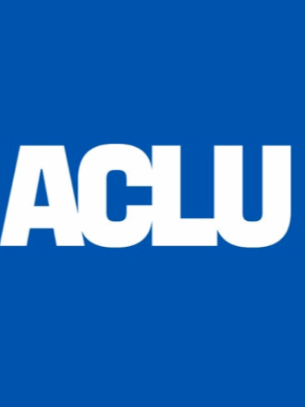 The national ACLU logo, "ACLU" in white letters, appears on a bright blue background.