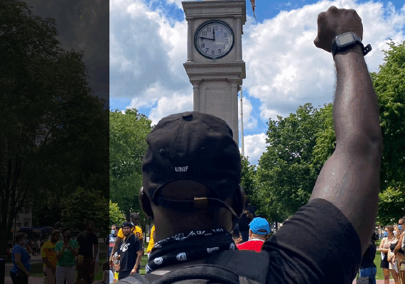 Right, foreground: a Black man in a baseball hat stands with fist up in front of the clocktower in Waterbury. Left, against a black banner, in white, says: "2020 annual report." The ACLU of Connecticut logo is at the bottom left corner.