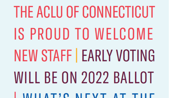 A light blue background with colorful text in front. Text says "what's inside?" in black at the top, followed by headlines from the ACLUCT newsletter 2021