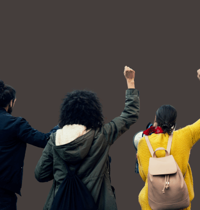 three people stand, fists raised in protest, against a gray background. A white ACLU of Connecticut logo is in the top right corner.