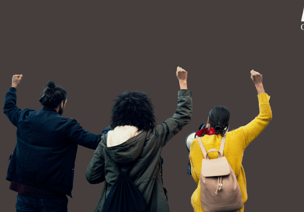 three people stand, fists raised in protest, against a gray background. A white ACLU of Connecticut logo is in the top right corner.
