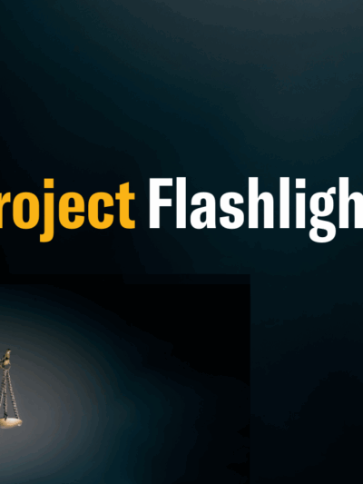 A black background. Bottom left, a statue of justice from behind, glowing. In the center, "Project Flashlight" is written, "project" in yellow and "flashlight" in white. Bottom right, the ACLU of Connecticut logo in white.
