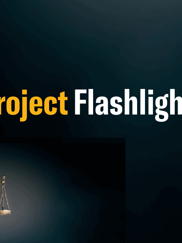 A black background. Bottom left, a statue of justice from behind, glowing. In the center, "Project Flashlight" is written, "project" in yellow and "flashlight" in white. Bottom right, the ACLU of Connecticut logo in white.