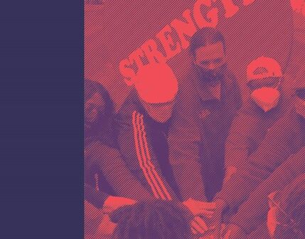 ACLUCT 2021 annual report cover. To the left, in white against a navy background, it says "2021 annual report." to the right, with red overlay, is a photo of Smart Justice leaders huddling their hands together, with a large heart that says 'strength'