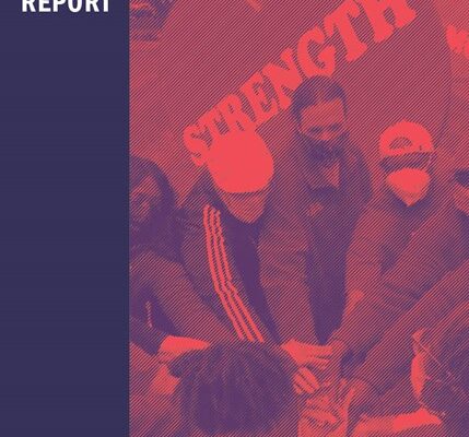 ACLUCT 2021 annual report cover. To the left, in white against a navy background, it says "2021 annual report." to the right, with red overlay, is a photo of Smart Justice leaders huddling their hands together, with a large heart that says 'strength'