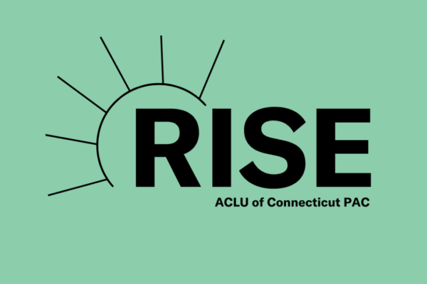 In black, on a green background, is the ACLU of Connecticut Rise PAC logo. A semi-circle with prongs, like a sun or crown, is on the left, over the "r" in "rise". Below, it says "ACLU of Connecticut PAC"