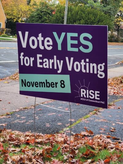 A purple yard sign, with green and white text, says, "vote YES for early voting November 8." the ACLU-CT Rise PAC logo is at the bottom. behind are a street and sidewalk, with autumn leaves scattered around