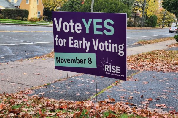 A purple yard sign, with green and white text, says, "vote YES for early voting November 8." the ACLU-CT Rise PAC logo is at the bottom. behind are a street and sidewalk, with autumn leaves scattered around