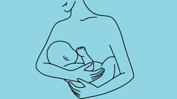 A light blue background. At the bottom right corner is the ACLU-CT logo in a blue box. At center is a drawing, in black lines, of an adult nursing a baby