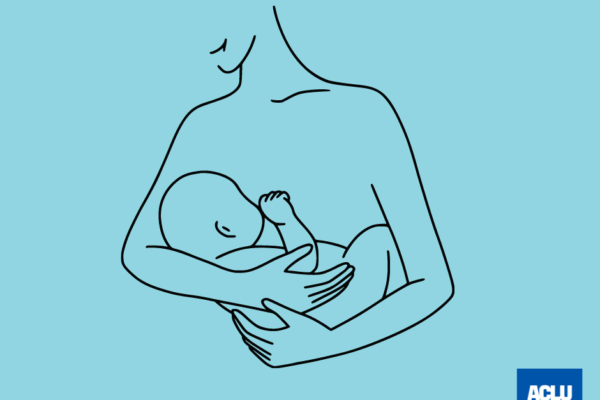 A light blue background. At the bottom right corner is the ACLU-CT logo in a blue box. At center is a drawing, in black lines, of an adult nursing a baby