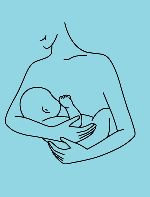 A light blue background. At the bottom right corner is the ACLU-CT logo in a blue box. At center is a drawing, in black lines, of an adult nursing a baby