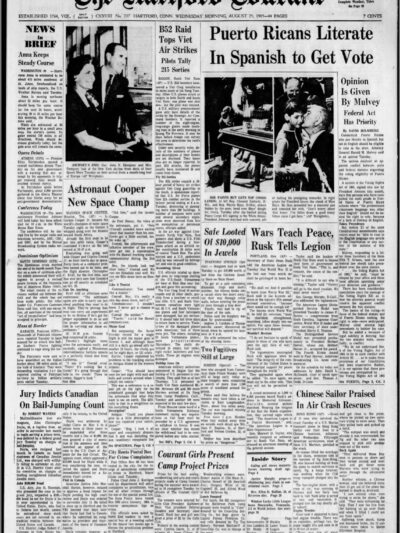 Hartford Courant Newspaper from 1965, focus is on "Puerto Ricans Literate in Spanish to Get Vote".