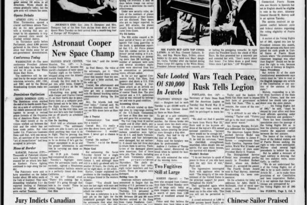 Hartford Courant Newspaper from 1965, focus is on "Puerto Ricans Literate in Spanish to Get Vote".
