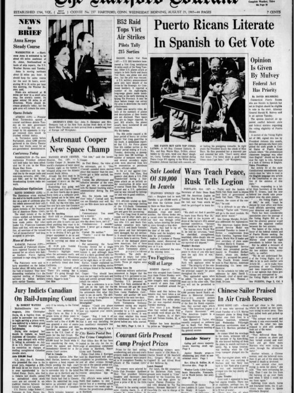 Hartford Courant Newspaper from 1965, focus is on "Puerto Ricans Literate in Spanish to Get Vote".
