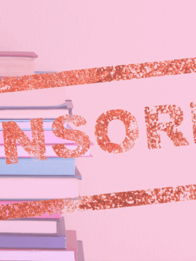 A red "censored" stamp covers a stack of books and a hand holding a bullhorn. All are behind a pink filter effect.
