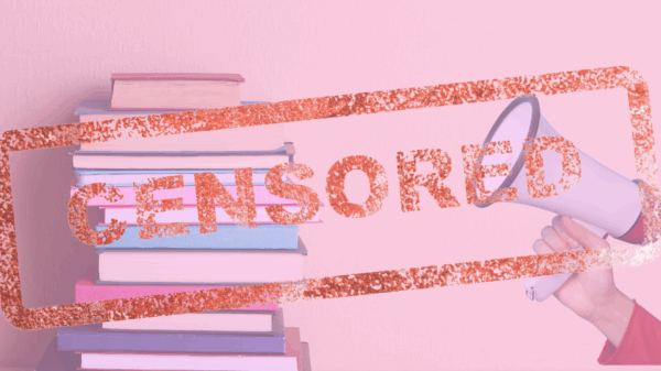 A red "censored" stamp covers a stack of books and a hand holding a bullhorn. All are behind a pink filter effect.