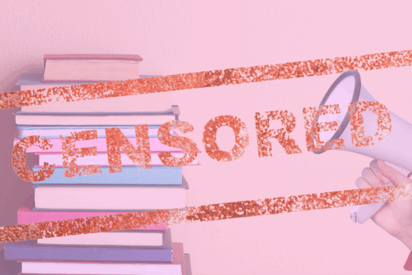 A red "censored" stamp covers a stack of books and a hand holding a bullhorn. All are behind a pink filter effect.