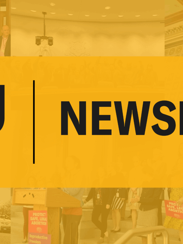 Over a collage of photos of ACLU-CT staff is a translucent yellow overlay. In the middle is a yellow rectangle with the ACLU-CT logo and "Newsletter" in the middle in black.