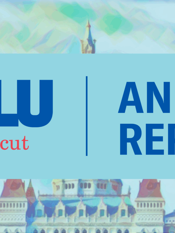 A light blue translucent overlay is on a picture of the Capitol. In the middle is an opaque stripe of the light blue with a dark blue line down the middle of the stripe. The ACLU-CT logo is on the left of the line and "Annual Report" on the right.