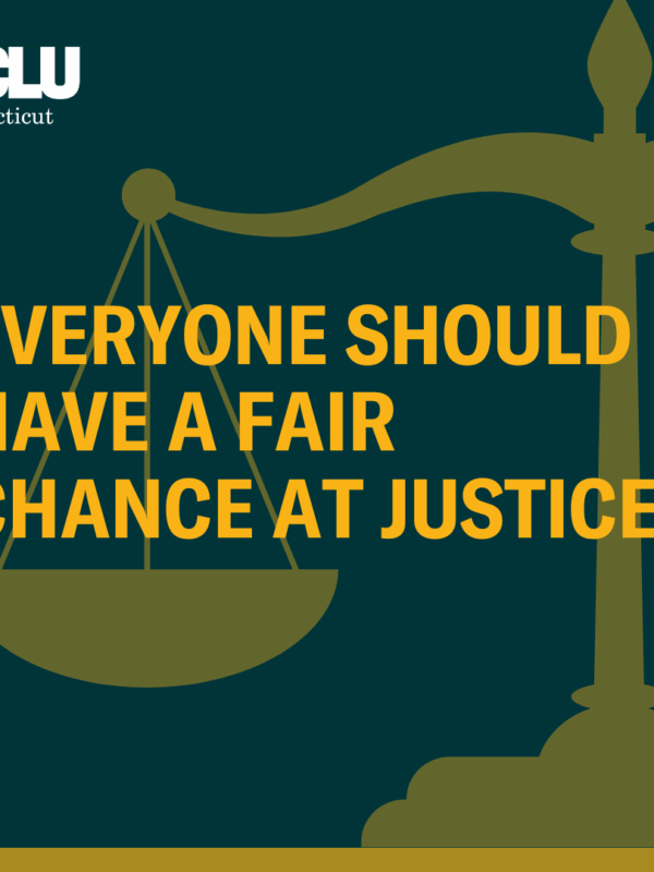 On a dark green background, there is a translucent yellow overlay of scale of justice -- appearing only halfway through the right of the photo. Through the middle, there is the following in yellow text: "Everyone should have a fair chance at justice."