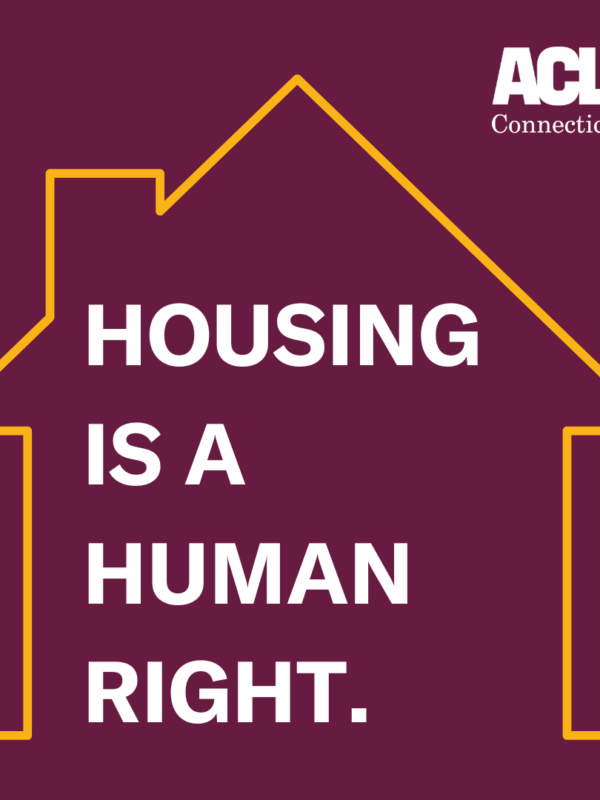 maroon background with an outline of a yellow house. Inside the outline there is the following in white text: "Housing is a human right."