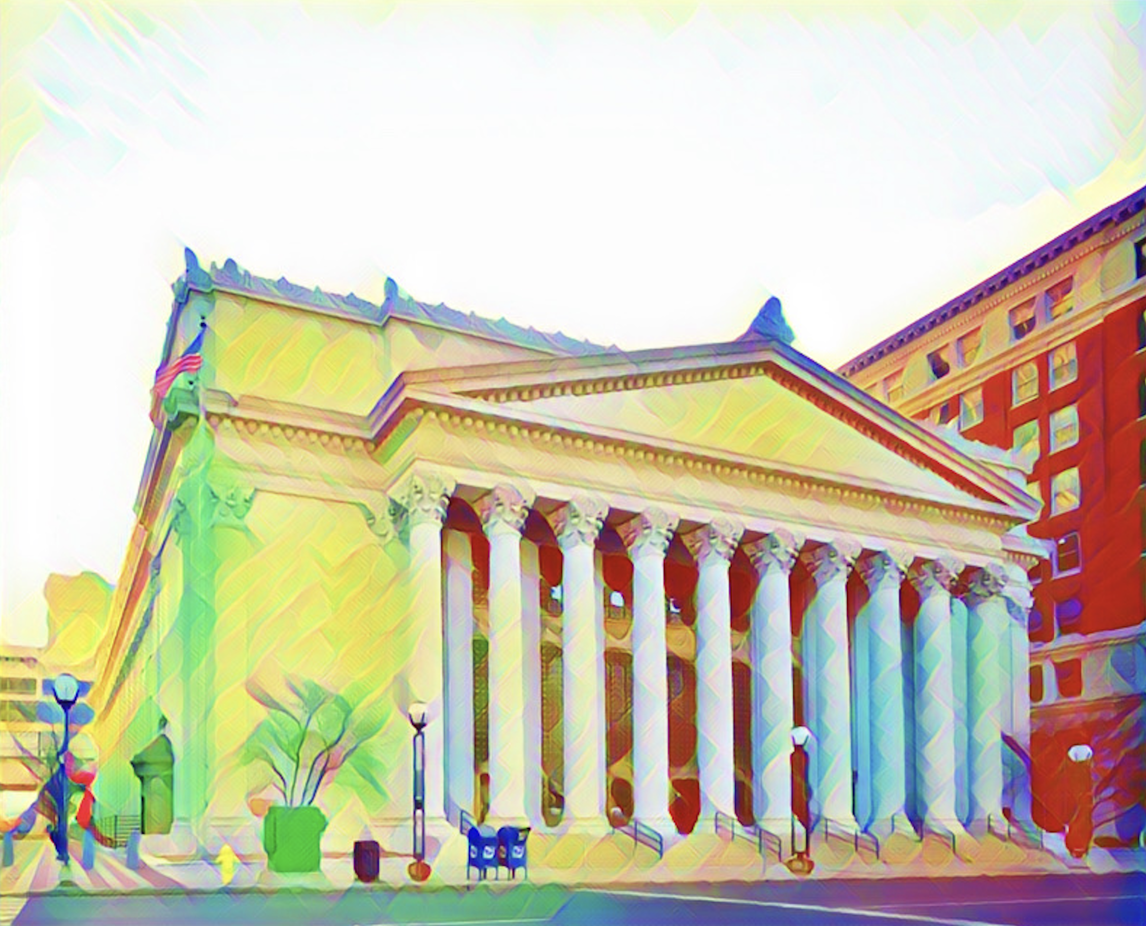 The district courthouse in New Haven, CT with a painting-like filter over it.
