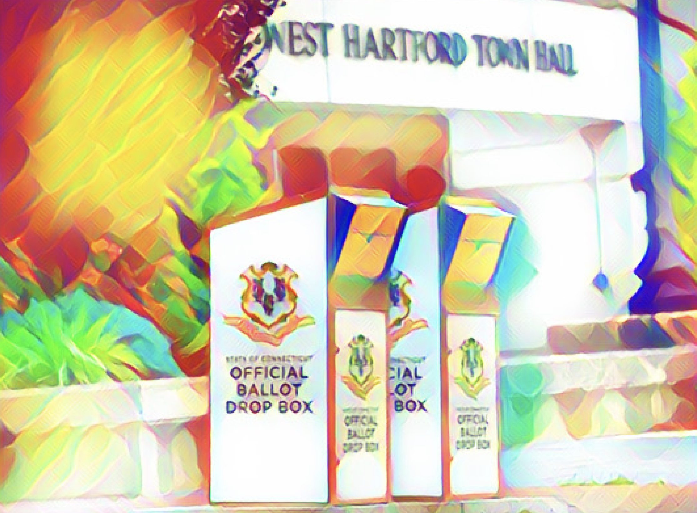 Two ballot boxes are in front of the West Hartford Town Hall with a painting-like filter on top.