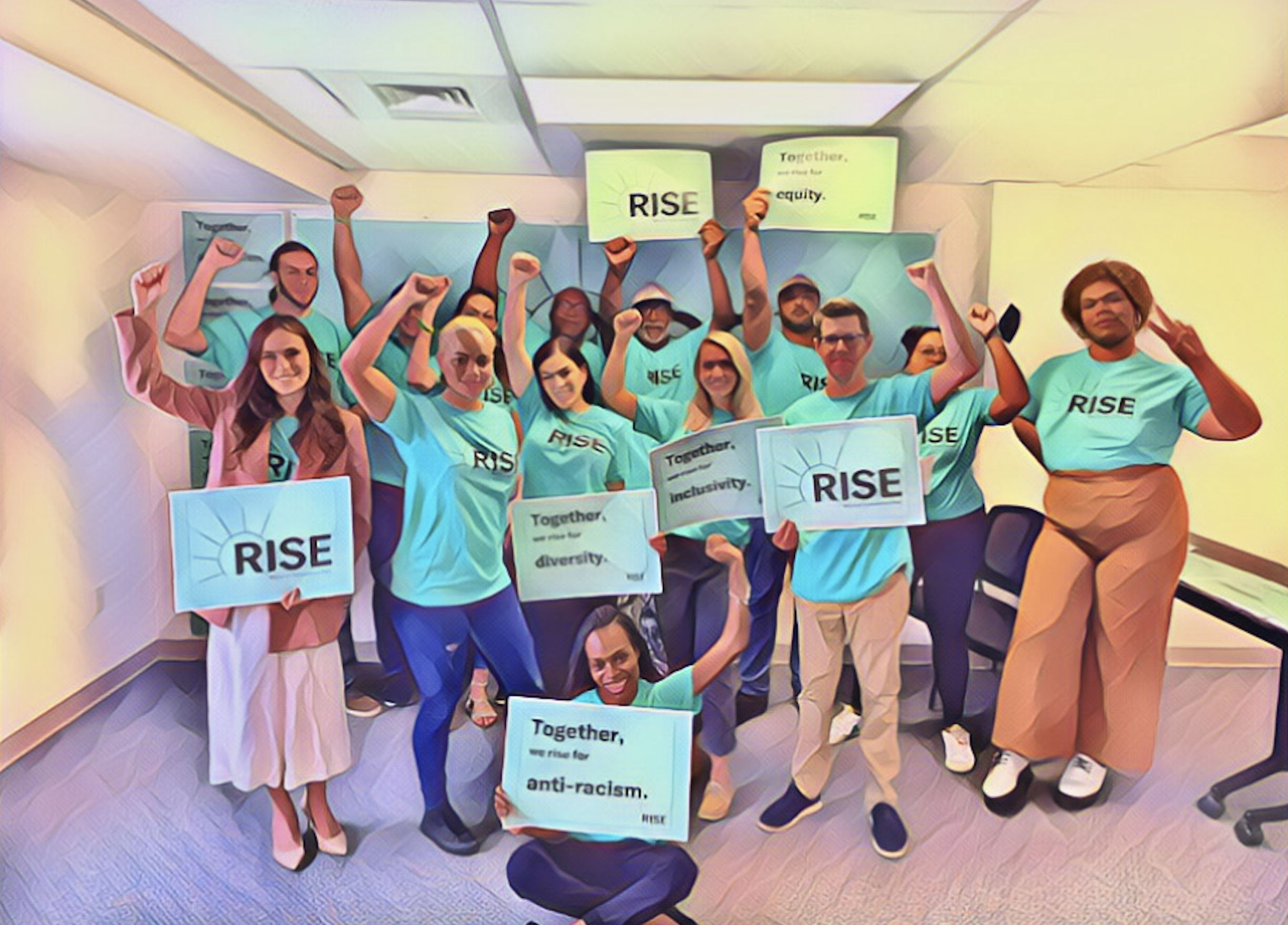 Photo of ACLU-CT staff and Rise PAC volunteers in the office with Rise PAC signs.