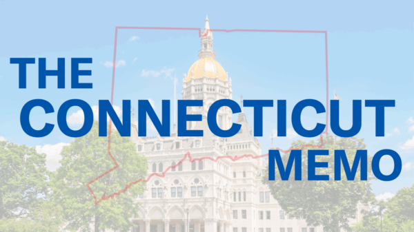 The background is the Hartford Capitol with a translucent white overlay. On top is a translucent red outline of the state with the words "THE CONNECTICUT MEMO" in front of it in blue font.