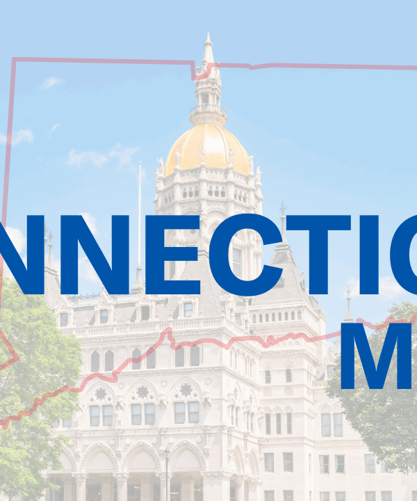 The background is the Hartford Capitol with a translucent white overlay. On top is a translucent red outline of the state with the words "THE CONNECTICUT MEMO" in front of it in blue font.
