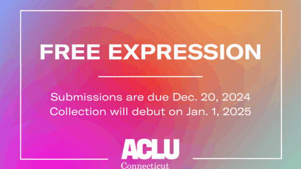 On a rainbow gradient background, the following text is in white: "FREE EXPRESSION. Submissions are due Dec. 20, 2024. Collection will debut on Jan. 1, 2025." With our logo in white below.
