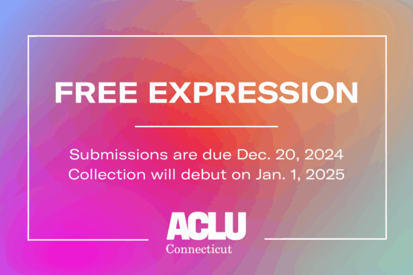 On a rainbow gradient background, the following text is in white: "FREE EXPRESSION. Submissions are due Dec. 20, 2024. Collection will debut on Jan. 1, 2025." With our logo in white below.